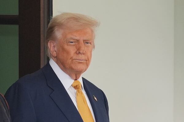 President Donald Trump waits to greet Bahrain's Crown Prince Salman bin Hamad Al Khalifa at the White House, Wednesday, July 16, 2025, in Washington. (AP Photo/Evan Vucci)