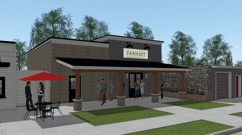 Grayson Farmacy will offer an outdoor porch with rocking chairs and hanging plants on the side of the store facing The Railyard development. (Courtesy of Grayson Farmarcy)