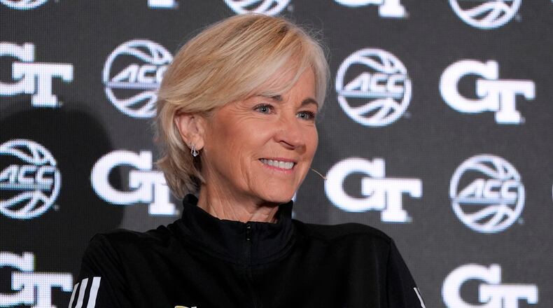 Georgia Tech Head Coach Nell Fortner speaks during a ACC women's basketball media day, Tuesday, Oct. 8, 2024, in Charlotte, N.C. (AP Photo/Chris Carlson)