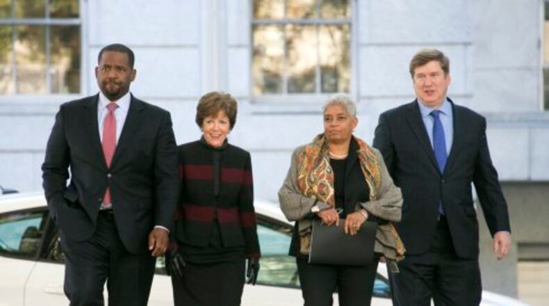 From left, City Council President Ceasar Mitchell, mayoral candidate Mary Norwood, former Mayor Shirley Franklin and former mayoral candidate Peter Aman attend a press conference announcing endorsements of Norwood's candidacy. (AJC)
