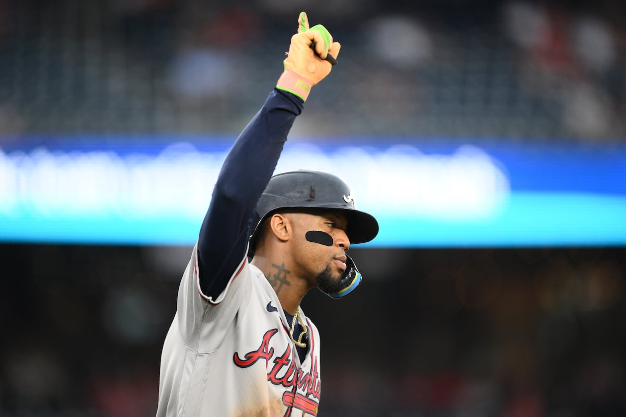 Braves outfielder Ronald Acuña Jr. celebrates his three-run home run during the seventh inning of a baseball game against the Washington Nationals, Wednesday, Sept. 2, 2026, in Washington. (AP Photo/Nick Wass)