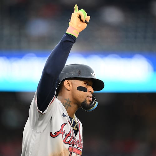 Braves outfielder Ronald Acuña Jr. celebrates his three-run home run during the seventh inning of a baseball game against the Washington Nationals, Wednesday, Sept. 2, 2026, in Washington. (AP Photo/Nick Wass)