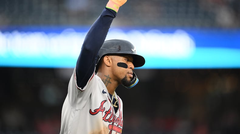 Braves outfielder Ronald Acuña Jr. celebrates his three-run home run during the seventh inning of a baseball game against the Washington Nationals, Wednesday, Sept. 2, 2026, in Washington. (AP Photo/Nick Wass)