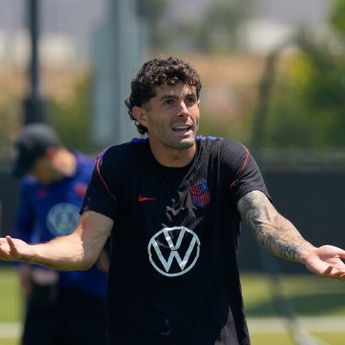 United States' Christian Pulisic attends a training session ahead of a FIFA World Cup match against Turkey in Irvine, Calif., Tuesday, June 23, 2026. (AP Photo/Andre Penner)