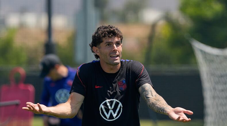 United States' Christian Pulisic attends a training session ahead of a FIFA World Cup match against Turkey in Irvine, Calif., Tuesday, June 23, 2026. (AP Photo/Andre Penner)