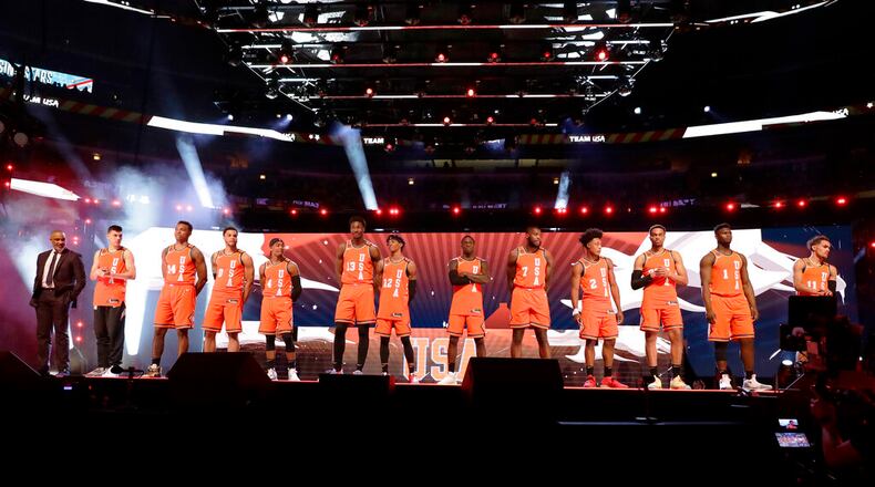 Trae Young (far right) of the Hawks and the rest of the U.S. team are introduced at the NBA Rising Stars basketball game in Chicago, Friday, Feb. 14, 2020. (AP Photo/Nam Y. Huh)