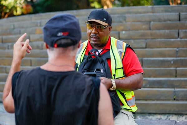 Richard DeShields, with Partners for HOME, conducted a survey of homeless individuals at Woodruff Park.