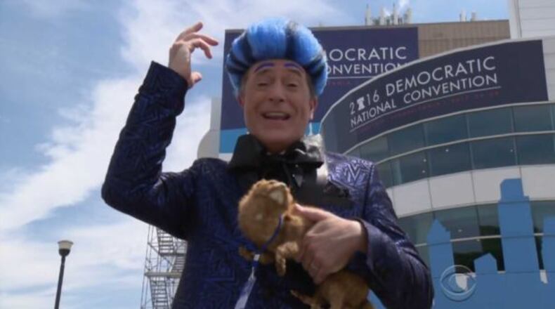 Stephen Colbert, seen here during one of his “Late Show” programs during the Democratic National Convention will host a live special on cable network Showtime on Election Night. CBS photo