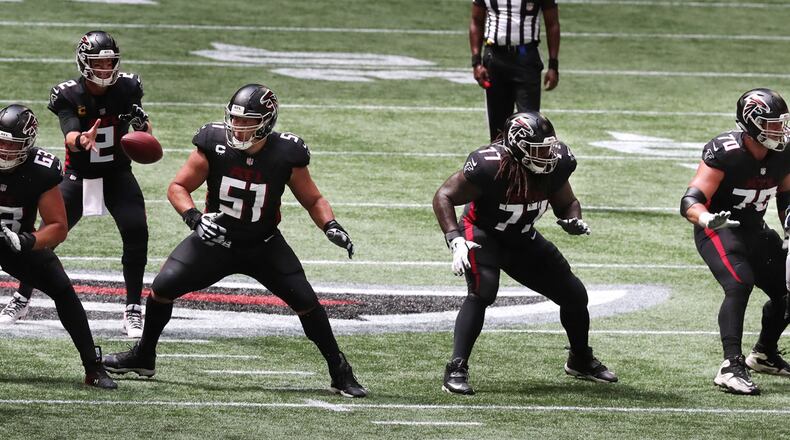 Falcons offensive lineman Kaleb McGary (from left), Chris Lindstrom, Alex Mack, James Carpenter, and Jake Matthews block for Matt Ryan against the Seattle Seahawks Sunday, Sept. 13, 2020, at Mercedes-Benz Stadium in Atlanta. (Curtis Compton / Curtis.Compton@ajc.com)