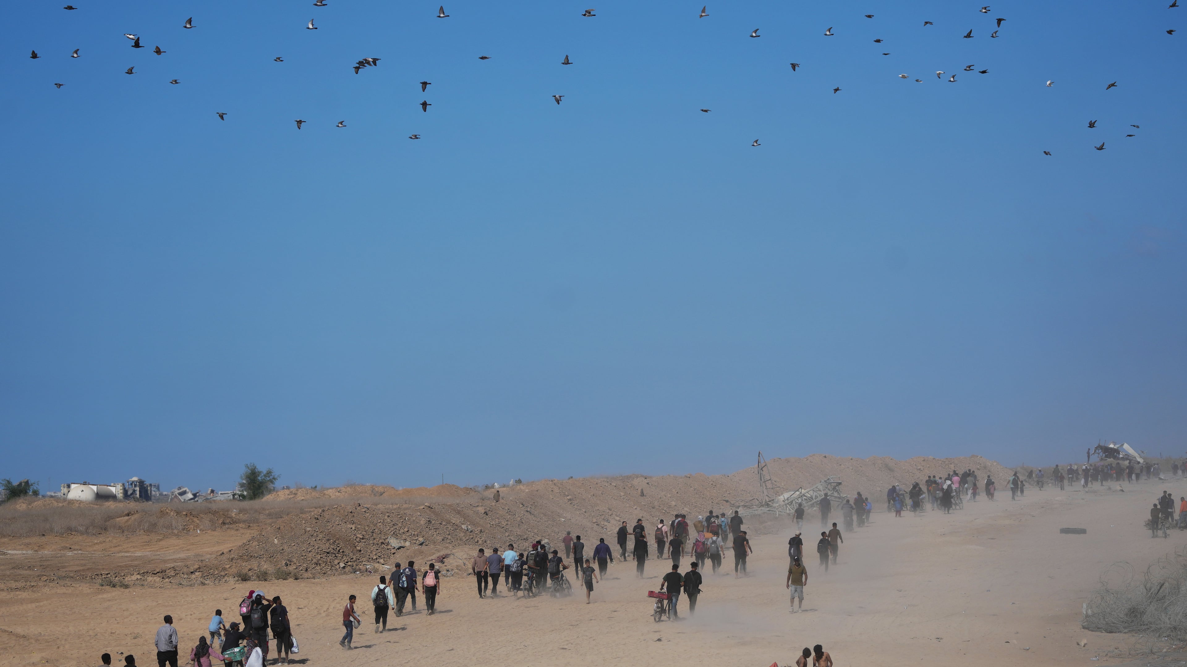 Displaced Palestinians walk toward Gaza City, in the northern Gaza Strip, Friday, Oct. 10, 2025, after Israel and Hamas agreed to a pause in their war and the release of the remaining hostages. (AP Photo/Jehad Alshrafi)