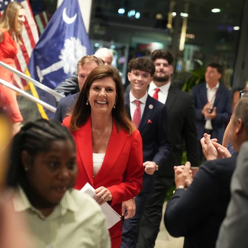 South Carolina Lt. Gov. Pamela Evette arrives to speak at an election night watch party after advancing to a GOP primary runoff in the governor's race on Tuesday, June 9, 2026, in Greenville, S.C. (AP Photo/Meg Kinnard)