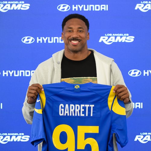 Los Angeles Rams defensive end Myles Garrett pose for a photo during a press conference following the NFL football team's practice, Tuesday, June 2, 2026, in Woodland Hills, Calif. (AP Photo/Kyusung Gong)