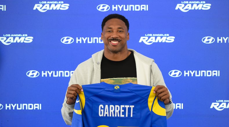 Los Angeles Rams defensive end Myles Garrett pose for a photo during a press conference following the NFL football team's practice, Tuesday, June 2, 2026, in Woodland Hills, Calif. (AP Photo/Kyusung Gong)