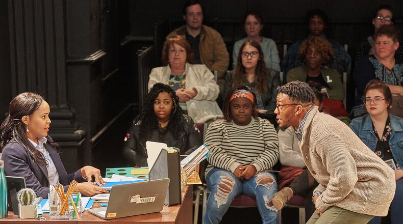 Brittany L. Smith and Seun Soyemi portray social workers at odds about a case in the world premiere of “Ontario Was Here” at Aurora Theatre. CONTRIBUTED BY CHRIS BARTELSKI