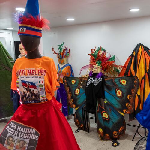 Haitian costumes for Lespri Ayiti Mas Camp are displayed ahead of the West Indian Day Parade, Thursday, Sept. 3, 2026, in the Brooklyn borough of New York. (AP Photo/Adam Gray)
