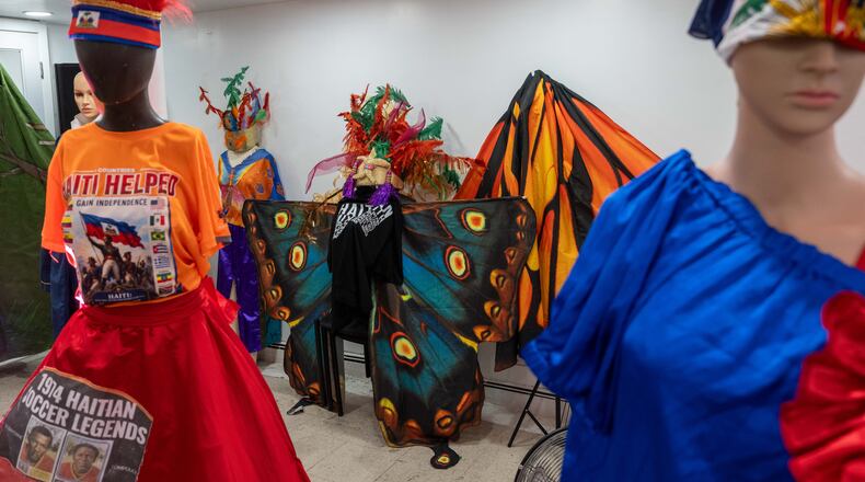Haitian costumes for Lespri Ayiti Mas Camp are displayed ahead of the West Indian Day Parade, Thursday, Sept. 3, 2026, in the Brooklyn borough of New York. (AP Photo/Adam Gray)