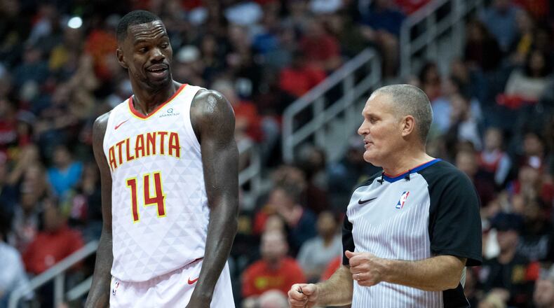 Atlanta Hawks center Dewayne Dedmon (14) argues with a referee during an NBA game against the Denver Nuggets at Philips Arena, Friday, Oct. 27, 2017, in Atlanta. BRANDEN CAMP/SPECIAL