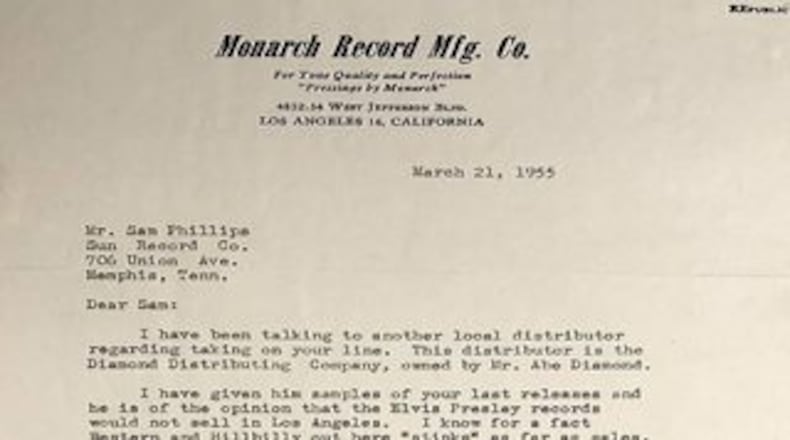A 1955 rejection letter from record executive Nate Duroff is part of a collection of Elvis Presley memorabilia that will be sold Saturday.
(Credit: Henry Aldridge and Son Ltd.)
