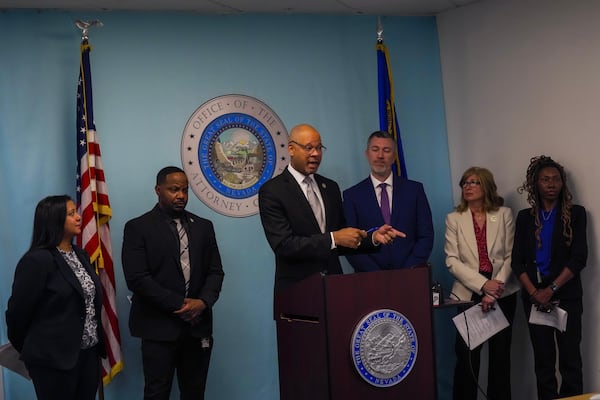 Aaron Ford, attorney general of Nevada, speaks at a press conference in Las Vegas, on Wednesday, Apr. 15, 2026, announcing the Roblox gaming platform reached a $12 million settlement with Nevada. (Ty O'Neil/AP)