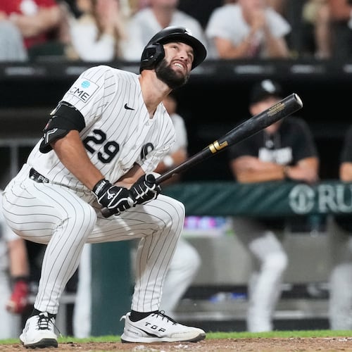 Chicago White Sox's Tristan Peters reacts after hitting a foul ball during the seventh inning of a baseball game against the Boston Red Sox in Chicago, Tuesday, July 7, 2026. (AP Photo/Nam Y. Huh)