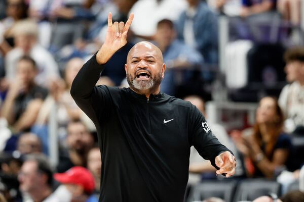 Detroit Pistons head coach J.B. Bickerstaff shouts to his team during the first half of Game 3 of an NBA basketball first-round playoff series against the New York Knicks, Thursday, April 24, 2025, in Detroit. (AP Photo/Duane Burleson)