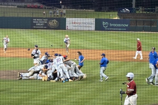 The Walton baseball team celebrates winning the Class 6A championship on May 20, 2025, over Lowndes at Coolray Field.
