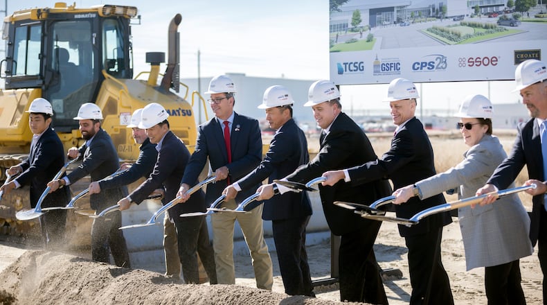 ELLABELL, GA - FEBRUARY 08, 2024: Hyundai Motor Group Metaplant America President/CEO Oscar Kwon, center, is joined by other VIPs during a ground breaking ceremony on Georgia Quick Start Training Center site near the plant, Thursday, Feb. 8, 2024, Ellabell, Ga. (AJC Photo/Stephen B. Morton)