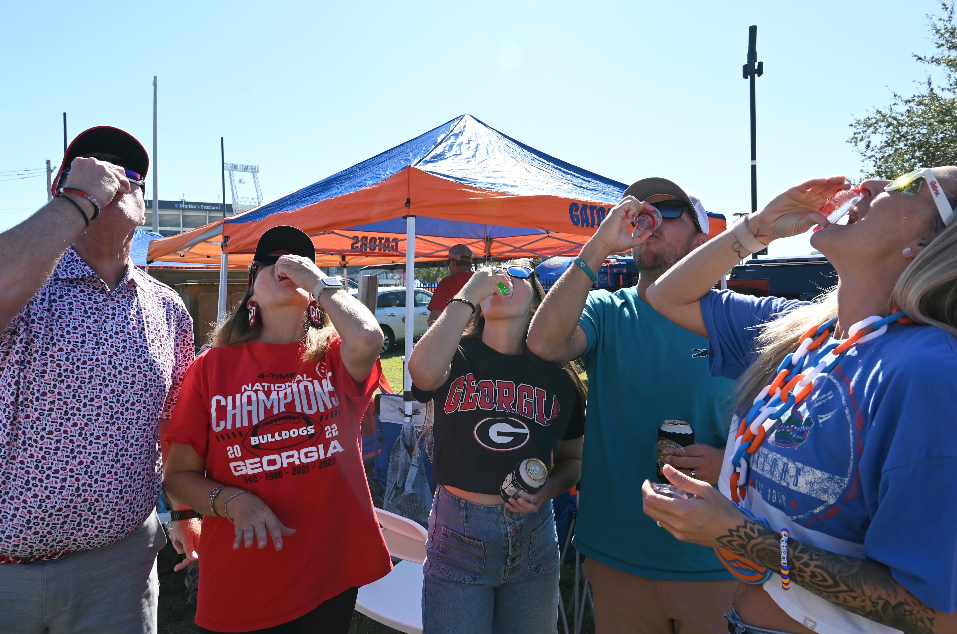 Georgia fans enjoy tailgating outside EverBank Stadium prior to an NCAA football game between Georgia and Florida, Saturday, Nov. 1, 2025, Jacksonville, Fla. (Hyosub Shin / AJC)