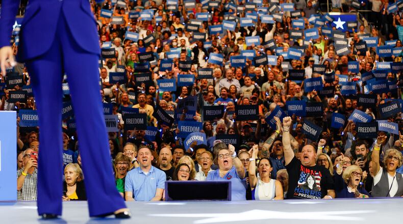 Vice President Kamala Harris cheers during a rally campaign event at Fiserv Forum in Milwaukee on Tuesday, August 20, 2024.
(Miguel Martinez / AJC)