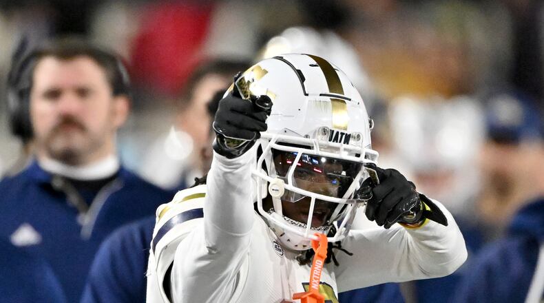 Georgia Tech wide receiver Eric Singleton Jr. (2) celebrates after catching a long pass during the second half of an NCAA college football game at Georgia Tech's Bobby Dodd Stadium, Thursday, November 21, 2024, in Atlanta. Georgia Tech won 30-29 over North Carolina State. (Hyosub Shin / AJC)