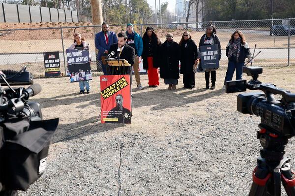 The ACLU of Georgia, along with other organizations, held a press conference at Fulton jail on Tuesday, Feb. 3, 2026. (Miguel Martinez/AJC)
