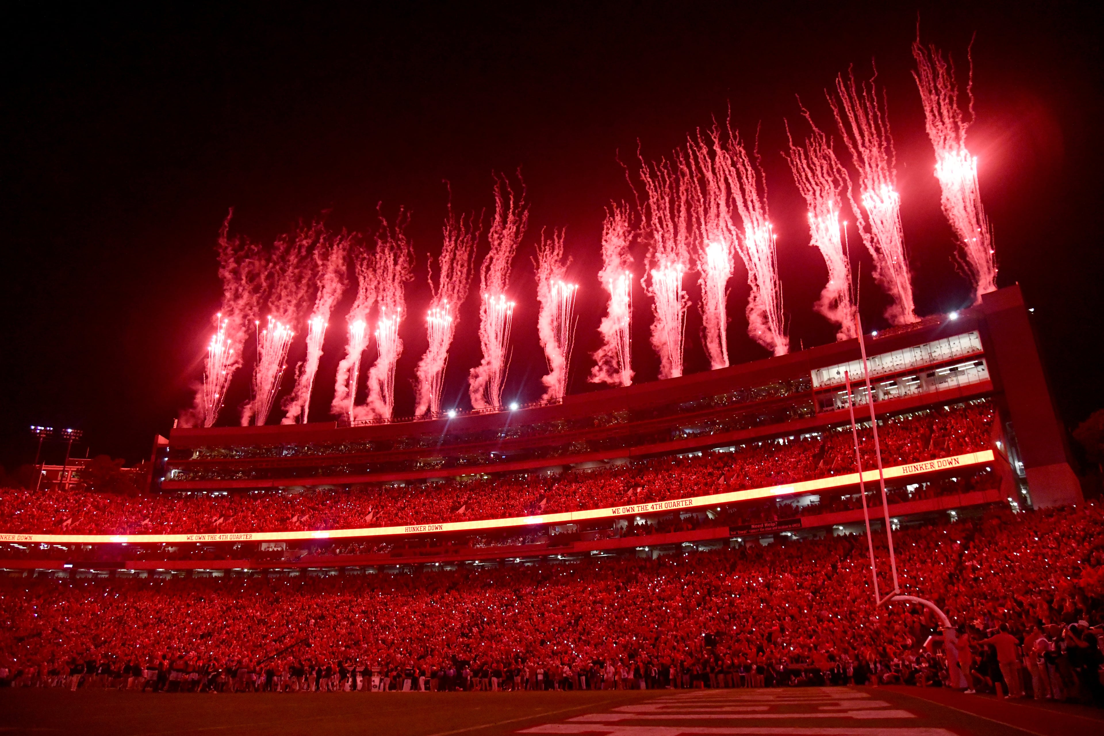 Fireworks go off during the second half in an NCAA football game at Sanford Stadium, Saturday, September 27, 2025, in Athens. Alabama won 24-21 over Georgia. (Hyosub Shin / AJC)