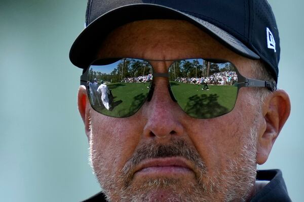 Phil Mickelson watches on the sixth hole during the first round at the Masters golf tournament, Thursday, April 10, 2025, in Augusta, Ga. (AP Photo/Julia Demaree Nikhinson)