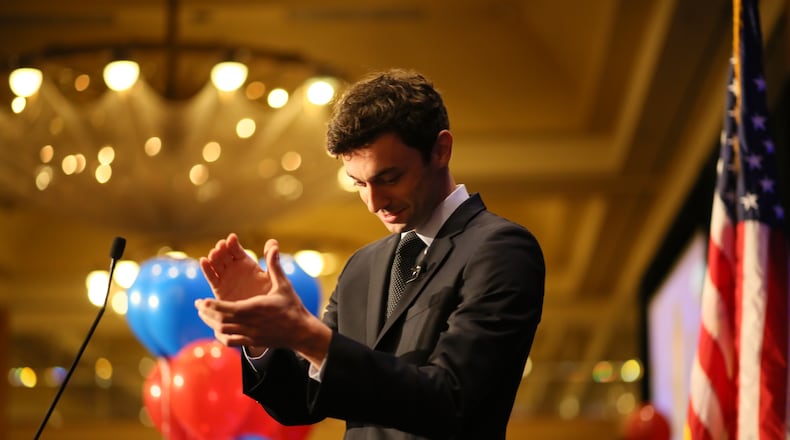 Democrat Jon Ossoff before a crowd of supporters on Tuesday night. AJC file