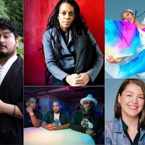 Atlanta artists to watch include (clockwise from left): visual artist Sergio Suárez, theater director Lydia Fort, choreographer Kerry Lee, singer-songwriter Ian Elliott, playwright Kira Rockwell and filmmakers the Horne Brothers. (Collage by ArtsATL)