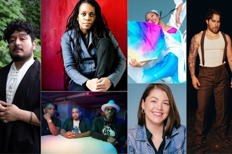 Atlanta artists to watch include (clockwise from left): visual artist Sergio Suárez, theater director Lydia Fort, choreographer Kerry Lee, singer-songwriter Ian Elliott, playwright Kira Rockwell and filmmakers the Horne Brothers. (Collage by ArtsATL)
