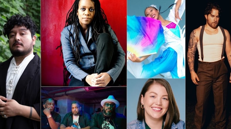 Atlanta artists to watch include (clockwise from left): visual artist Sergio Suárez, theater director Lydia Fort, choreographer Kerry Lee, singer-songwriter Ian Elliott, playwright Kira Rockwell and filmmakers the Horne Brothers. (Collage by ArtsATL)