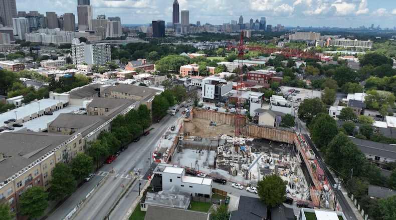 The footprint of a large new development in the Old Fourth Ward neighborhood is shown from above on Thursday, September 8, 2022. (Hyosub Shin / Hyosub.Shin@ajc.com)