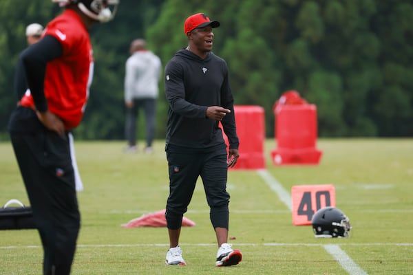 Falcons head coach Raheem Morris reacts during the team's first installment of organized team activities Tuesday.