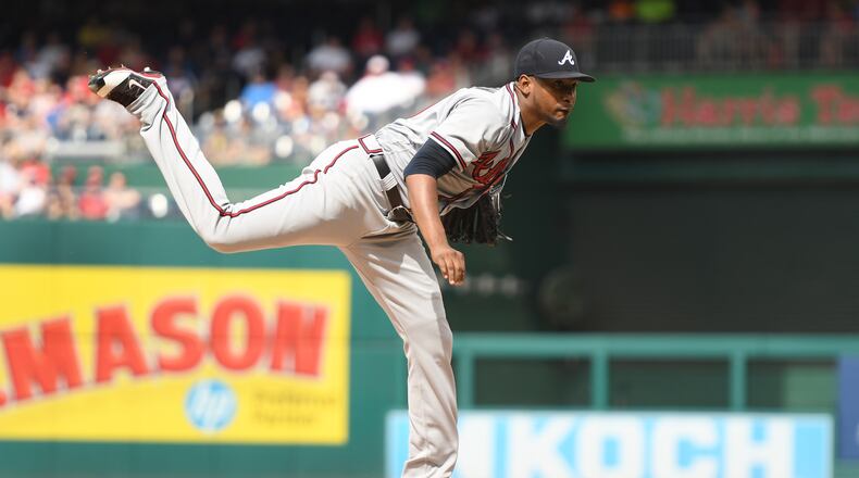 Julio Teheran of the Braves pitches against the Washington Nationals at Nationals Park on July 8, 2017 in Washington, DC. (Photo by Mitchell Layton/Getty Images)