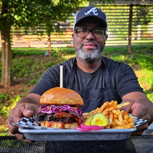 The image contains two photos. On the left, Chef Danny Bustamante cooking at an outdoor pop-up; and on the right, Jimmie’s Jerk BBQ chef holding a brisket sandwich with fries and pickles.