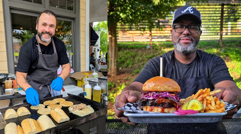The image contains two photos. On the left, Chef Danny Bustamante cooking at an outdoor pop-up; and on the right, Jimmie’s Jerk BBQ chef holding a brisket sandwich with fries and pickles.