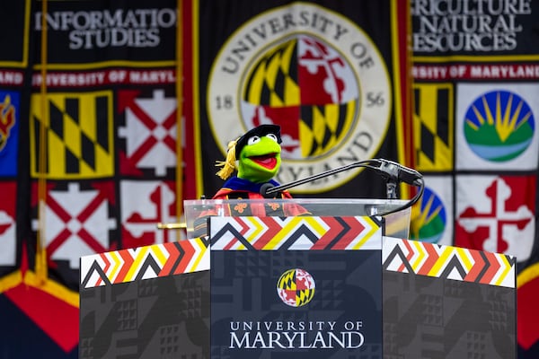 Kermit the Frog speaks during University of Maryland's commencement ceremony on Thursday, May 22, 2025, in College Park, Md. (Stephanie S. Cordle/University of Maryland via AP)