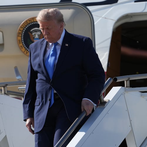 President Donald Trump arrives on Air Force One, Tuesday, Aug. 4, 2026, at Los Angeles International Airport in Los Angeles. (AP Photo/Mark Schiefelbein)