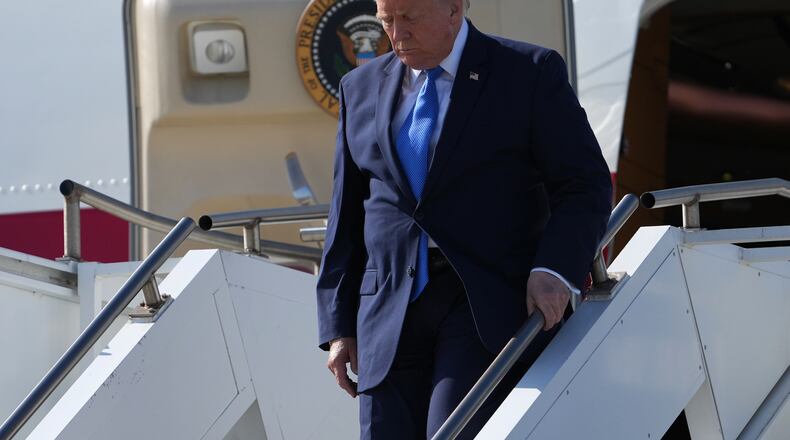 President Donald Trump arrives on Air Force One, Tuesday, Aug. 4, 2026, at Los Angeles International Airport in Los Angeles. (AP Photo/Mark Schiefelbein)