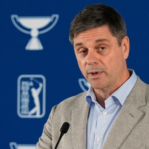 FILE - PGA Tour CEO Brian Rolapp speaks before a practice round of the Tour Championship golf tournament, Aug. 20, 2025, in Atlanta. (AP Photo/Mike Stewart, File)
