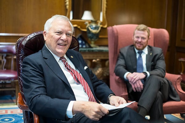 Gov. Nathan Deal and his top aide, Chris Riley in December 2019. (ALYSSA POINTER/ALYSSA.POINTER@AJC.COM)