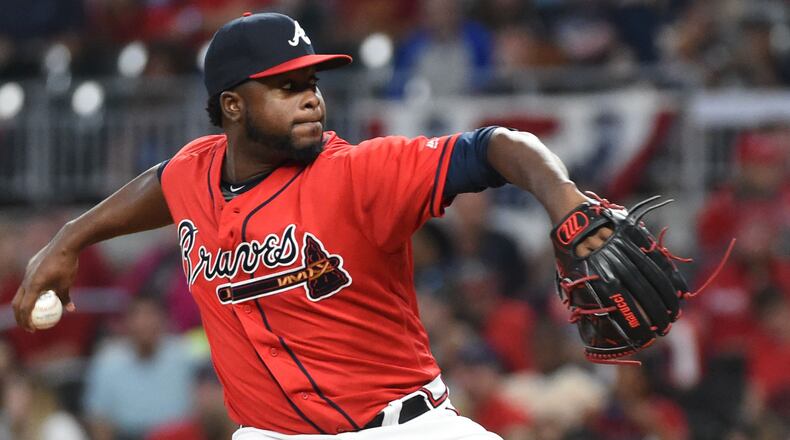 Braves reliever Arodys Vizcaino pitches against the Miami Marlins April 5, 2019, at SunTrust Park in Atlanta.