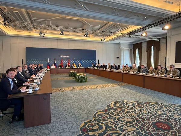 In this photo released by the Ukrainian Ministry of Defense, Russian and Ukrainian delegations attend talks at the Ciragan Palace in Istanbul, Turkey, Monday, June 2, 2025. (Ukrainian Ministry of Defense via AP)