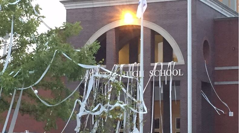 Toilet paper covered Marietta High School on Thurs., Sept. 3, 2015. ALAN JUDD / AJUDD@AJC.COM